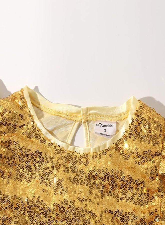 Noomelfish Girls Short Sleeve Sequin Shirts Party Glitter Sparkly Tops Blouse, Gold, Size 7-8 Years - Image 3